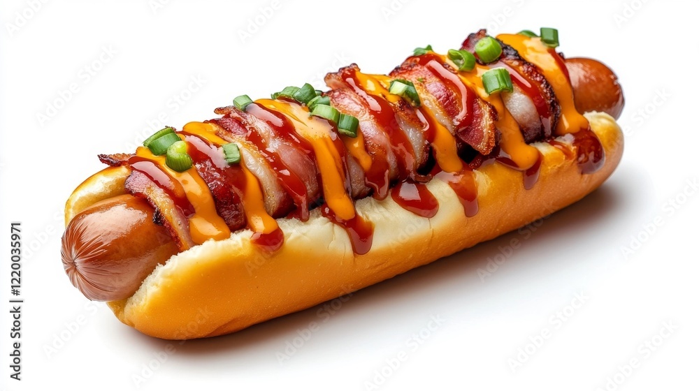 Bacon Wrapped Hot Dog with toppings on white background. Generative AI Bacon Wrapped Hot Dog with toppings on white background. Generative AI
