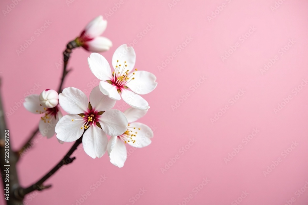 Delicate branch with white cherry blossoms against a soft pink background, bloom, cherry blossom Delicate branch with white cherry blossoms against a soft pink background, bloom, cherry blossom