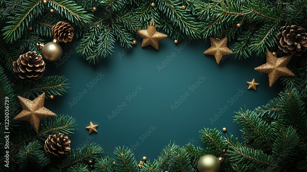Christmas and Happy New Year banner with green fir branches and gold stars. Trendy mint background, holiday design template. Christmas and Happy New Year banner with green fir branches and gold stars. Trendy mint background, holiday design template.