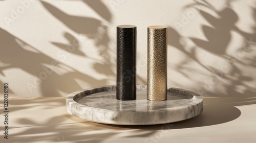 Two metallic cosmetic tubes, one in black and the other in gold color, are placed on top of a marble plate against a beige backdrop. Soft shadows cast by the window light create an elegant atmosphere.