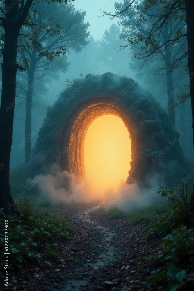 Obraz premium Mysterious fog swirling around a glowing portal entrance, haunting, ancient, forest