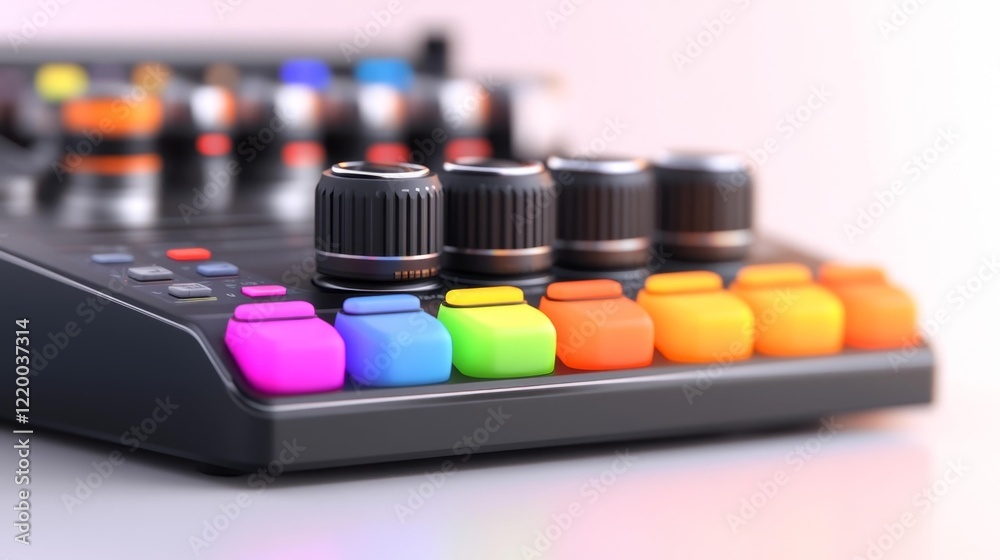 Film Editing Console with colorful buttons and knobs on white background. Generative AI Film Editing Console with colorful buttons and knobs on white background. Generative AI