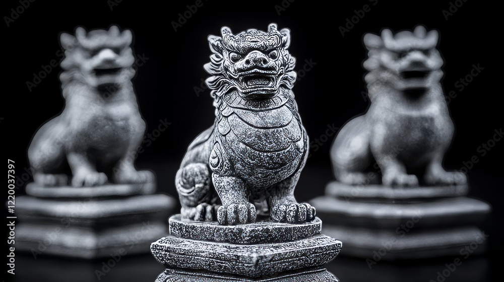 Obraz premium Ancient Stone Guardian Lions, Chinese Statues, Dark Background