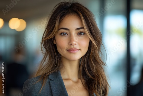 Free Download Businesswoman in Stylish Blazer Smiling in Modern Office Setting - GFXLoad