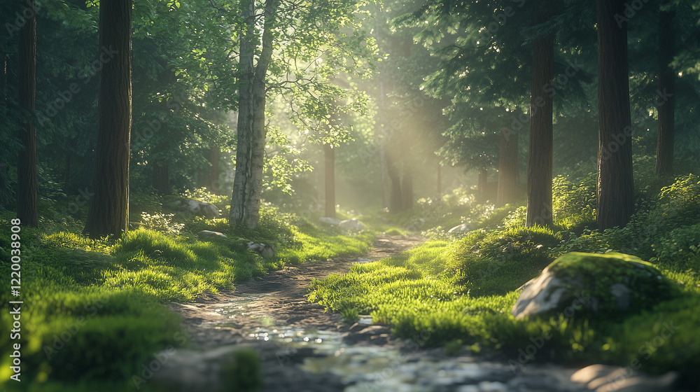 Obraz premium Sunlit Forest Path A Serene Nature Scene