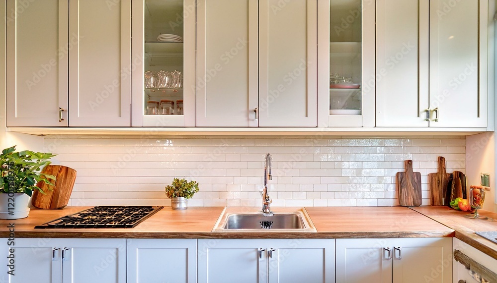 Fototapeta premium Modern kitchen with wood countertops and white cabinets.