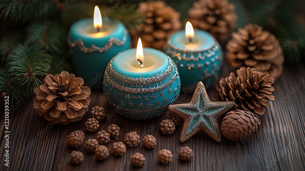 Christmas scene with candles, pinecones, and a wooden star on wood, perfect for festive invitations. Christmas scene with candles, pinecones, and a wooden star on wood, perfect for festive invitations.
