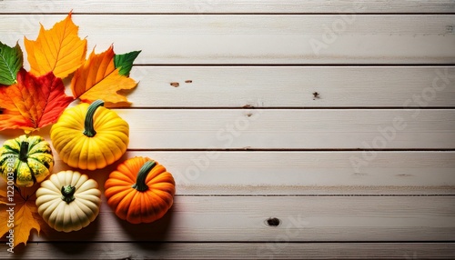 Autumn harvest still life with pumpkins and fall leaves on rustic wood. photo