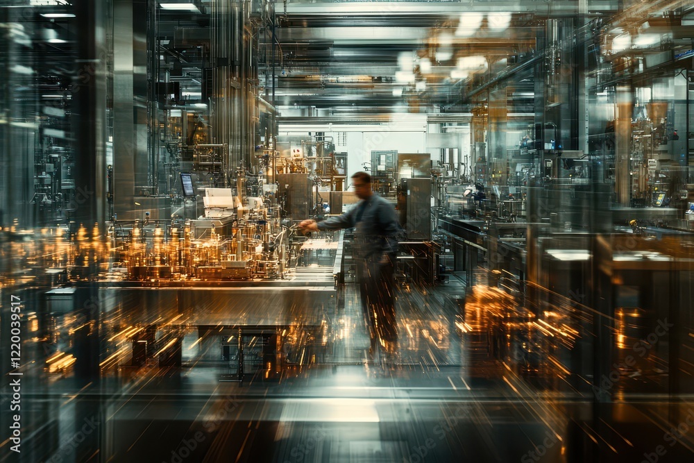 Intricate factory interior with blurred worker, showcasing dynamic machinery and glowing lights. Illustrates industrial automation, high-tech manufacturing, and the fast pace of modern production. Intricate factory interior with blurred worker, showcasing dynamic machinery and glowing lights. Illustrates industrial automation, high-tech manufacturing, and the fast pace of modern production.