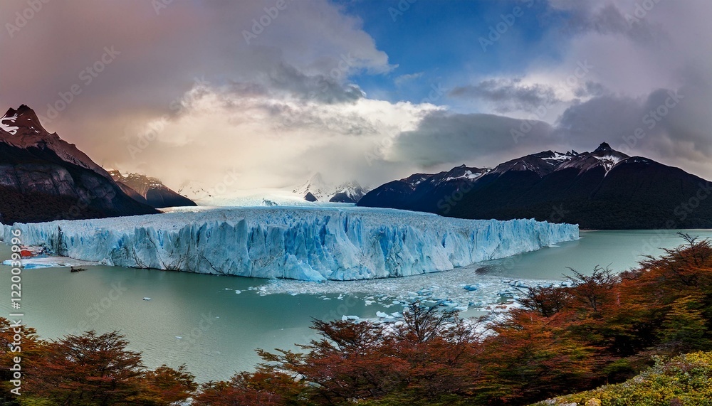 Majestic glacier in a serene landscape, surrounded by mountains under a dramatic sky.