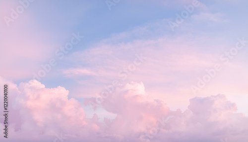 Soft pink clouds drift across a pastel sky.