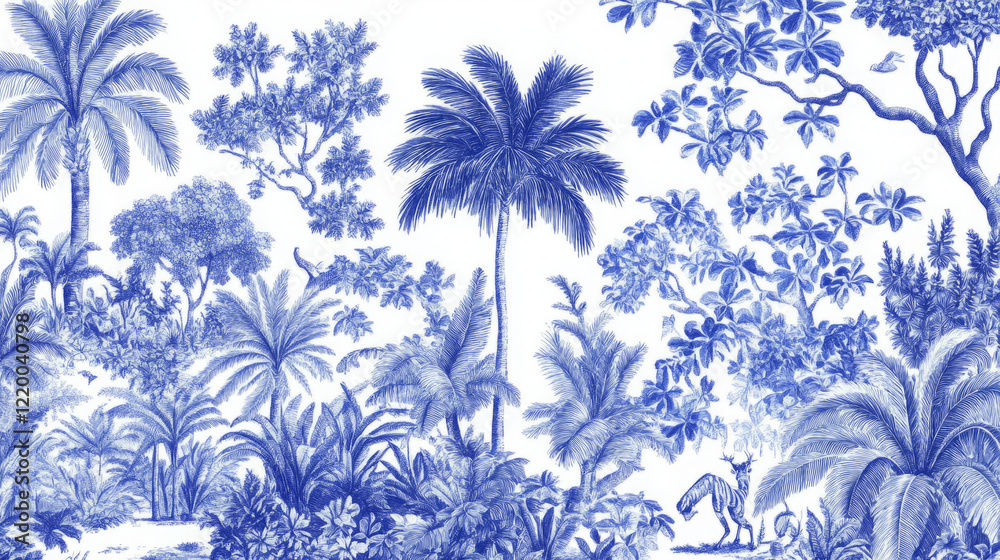 blue and white tropical print featuring palm trees and foliage in a vintage botanical style for wallpaper or home decor, with potential tropical animal concept for unique design