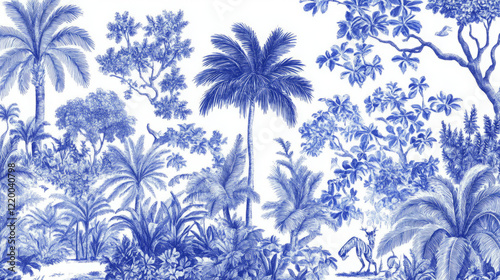 Obraz na płótnie blue and white tropical print featuring palm trees and foliage in a vintage botanical style for wallpaper or home decor, with potential tropical animal concept for unique design w salonie
