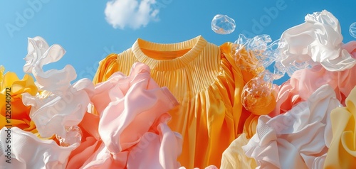 A bright yellow dress stands out among fluffy white and pink fabrics, set against a clear blue sky with soft clouds, creating a whimsical and playful scene.