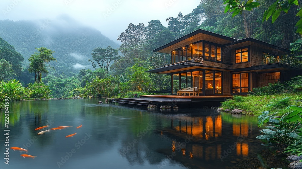 Fototapeta premium Modern jungle house, lake, misty mountains, evening, serenity