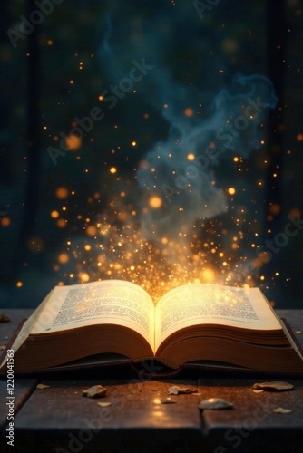 Open book with swirling mist of golden sparkles surrounds it, magical, shimmering, fairy tale