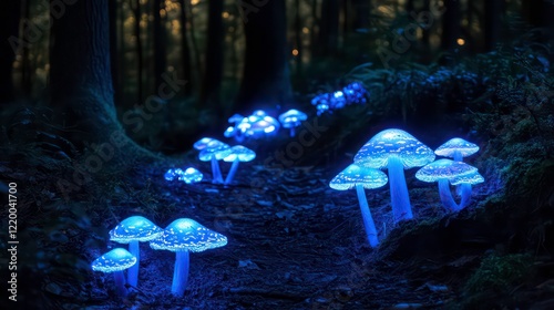 Glowing blue mushrooms illuminate a dark forest path. photo