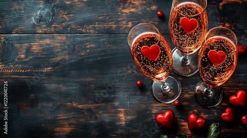 Wallpaper Mural Valentine's day celebration with champagne glasses and red hearts on black wooden background, top view, vibrant and detailed flat lay photography with copy space Torontodigital.ca
