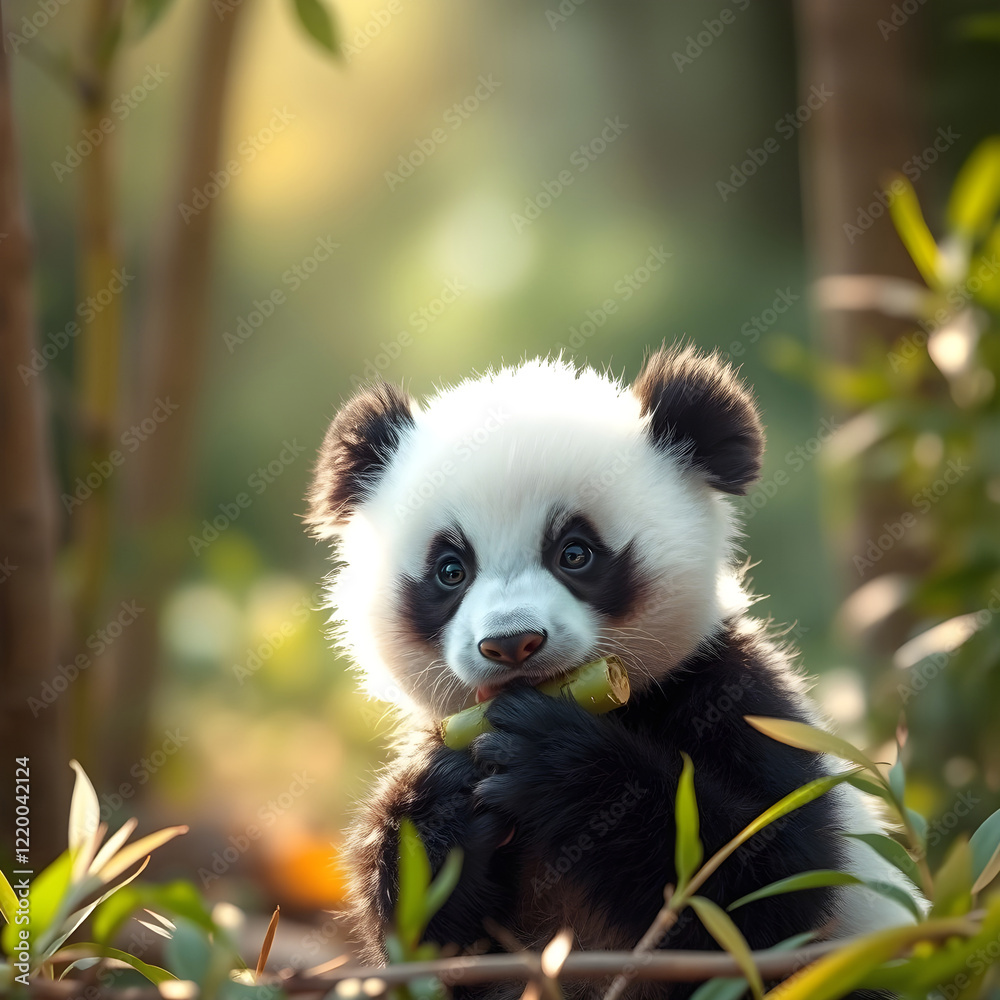 Fototapeta premium Cute baby panda eating bamboo, realistic details, warm colors and soft background. Generative AI.