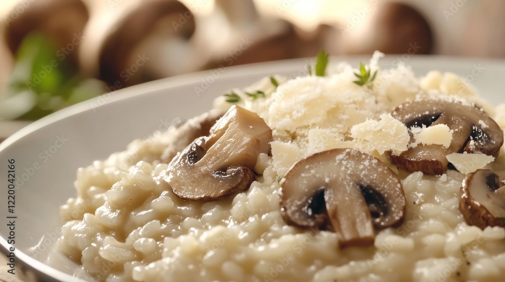 Traditional Italian risotto with mushrooms and parmesan. Featuring a creamy and flavorful dish. Highlighting the texture and flavors of the risotto. Ideal for food and cultural themes. Traditional Italian risotto with mushrooms and parmesan. Featuring a creamy and flavorful dish. Highlighting the texture and flavors of the risotto. Ideal for food and cultural themes.