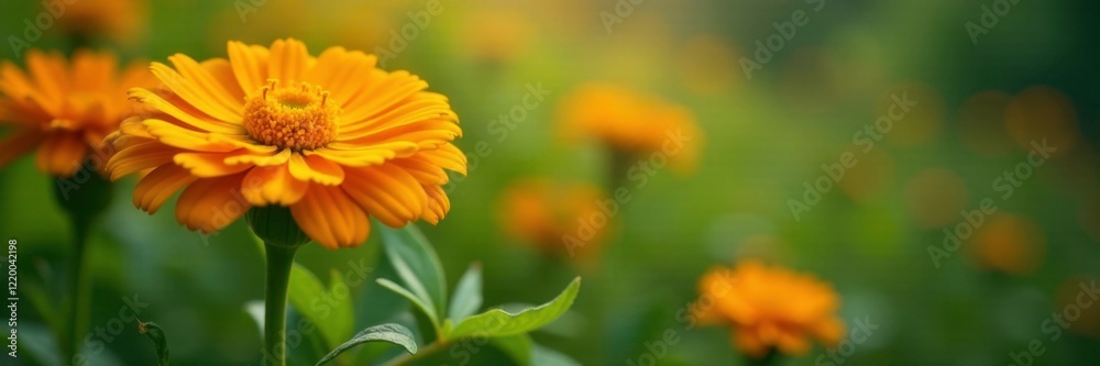 Orange calendula flowers with delicate green stems, nature, leaves Orange calendula flowers with delicate green stems, nature, leaves