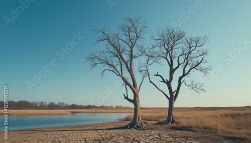 Dry trees without leaves stand in the middle of barren land and the water is starting to dry up