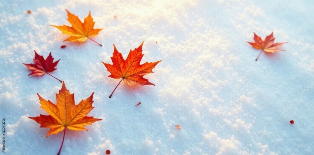 Orange maple leaves float gently on a blank snowy surface, maple leaves, icy surface, orange colors Orange maple leaves float gently on a blank snowy surface, maple leaves, icy surface, orange colors