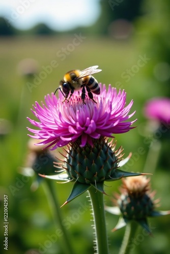 Prickly thistle flowers attract solitary bees, flowers, wildlife, bee pollination