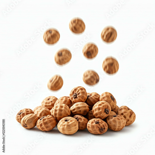 tiger nuts falling on white background