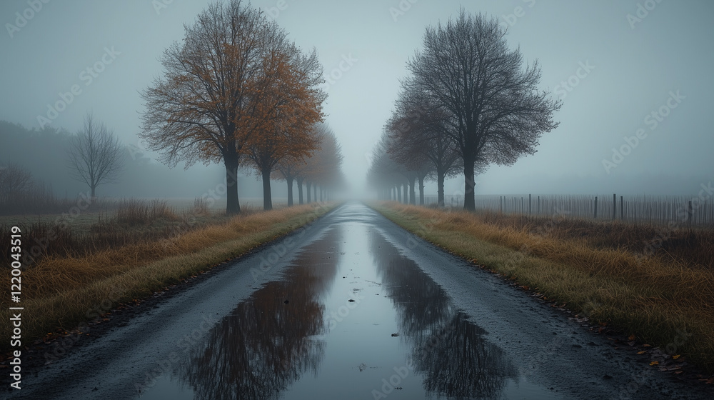 Fototapeta premium Misty Autumn Road With Trees And Reflections