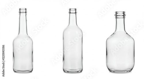 three identical glass bottles with different neck shapes: one with a long neck, one with a short neck, and one with a wide neck, isolated on white bavkground photo