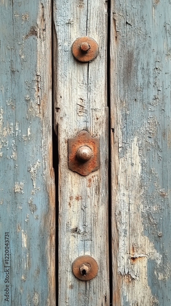 Rusty bolts on weathered blue wooden door, urban background Rusty bolts on weathered blue wooden door, urban background