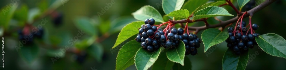 Dark clusters of berries in Ligustrum vulgare foliage, ligustrum, deciduous trees Dark clusters of berries in Ligustrum vulgare foliage, ligustrum, deciduous trees