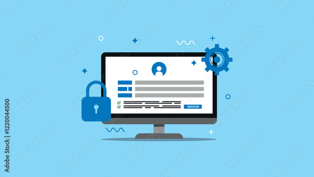 Register new account, registration form or submission, sign up online infromation, apply new job or membership, self service concept on display computer.. Flat design vector illustration Register new account, registration form or submission, sign up online infromation, apply new job or membership, self service concept on display computer.. Flat design vector illustration