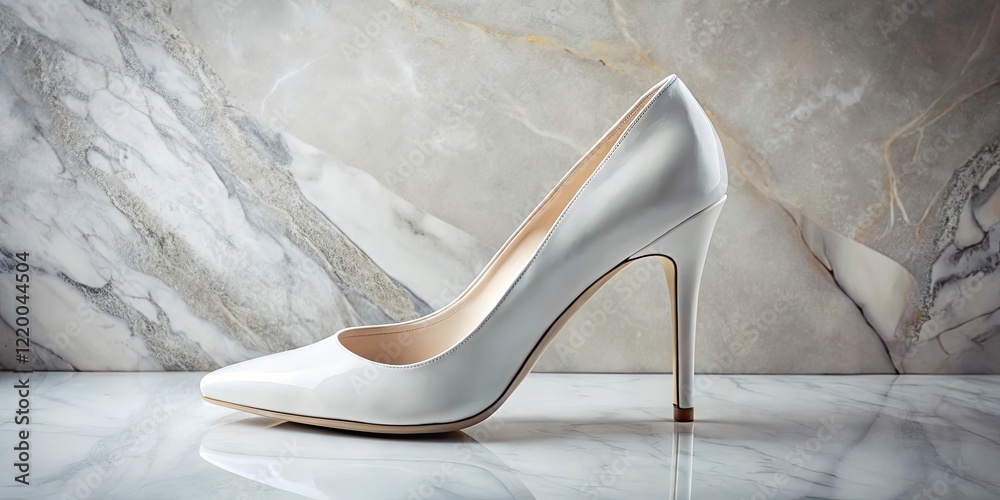 Obraz premium Aerial View Elegant White High Heel Shoe Marble Display Stand Luxury Fashion Photography