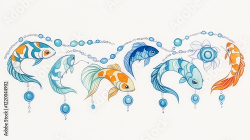 Aquatic Koi Fish with Beaded Chains Artwork