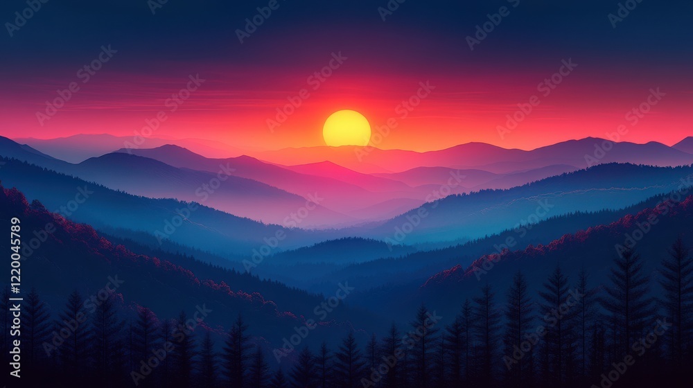 Obraz premium Minimalist Sunrise: Majestic Mountain Range with Bold Outlines