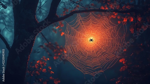 arafed spider web in the middle of a tree with a bright light photo