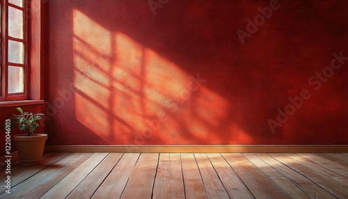 Red Textured Wall Wooden Floor Cozy Interior Scene Natural Light Photography photo