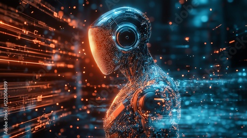 Robot creating audiowave with glowing digital particles, symbolizing AI’s role in cloning human voices and generating audio content in a futuristic, digital environment.