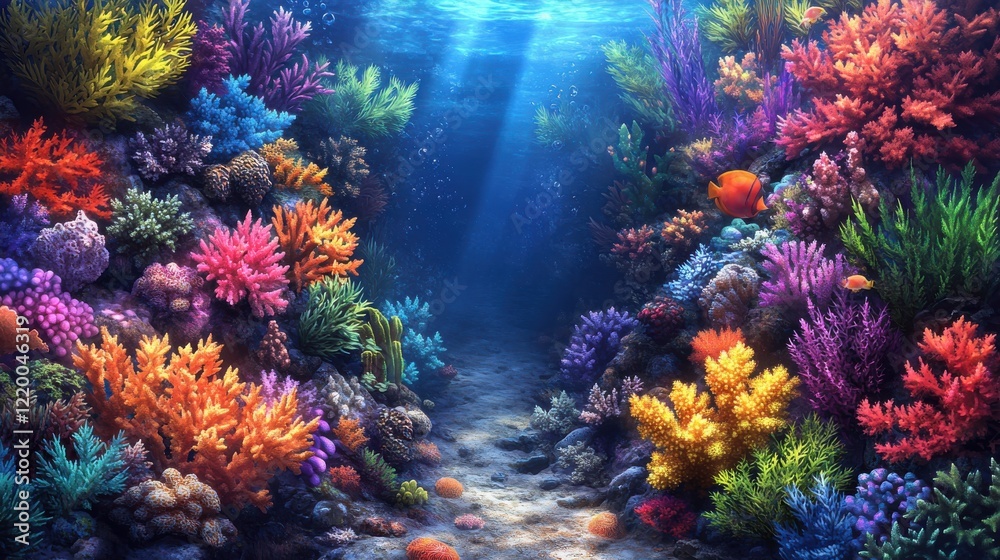 Fototapeta premium Colorful Isometric View of Vibrant Underwater Coral Reef Ecosystem with Soft Lighting