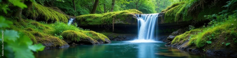 Overgrown waterfall stone with lush green moss, waterfall, overgrown, lush Overgrown waterfall stone with lush green moss, waterfall, overgrown, lush