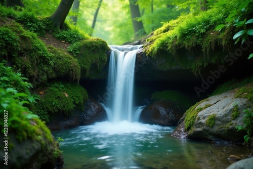 Overgrown waterfall stone with lush green moss, foliage, green