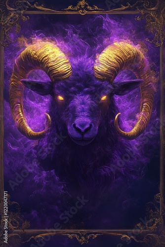 Mystical Ram with Golden Horns in Swirling Purple Mist Dark Fantasy Illustration photo