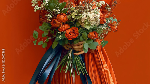 elegant autumnal burnt orange floral wedding bouquet and romantic dress inspiration with dark blue ribbon, perfect for fall bridal arrangements