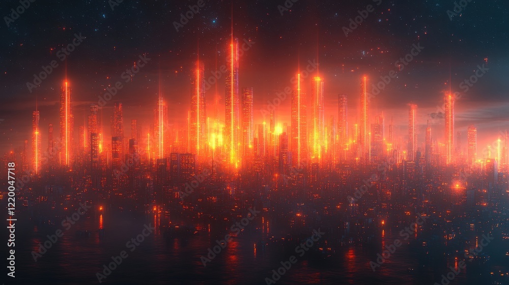 Naklejka premium Glowing Neon Futuristic Cityscape - 3D Rendering with Smooth Gradients