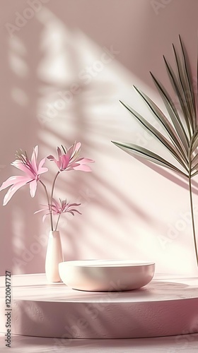 a white bowl with pink flowers in it on a table photo