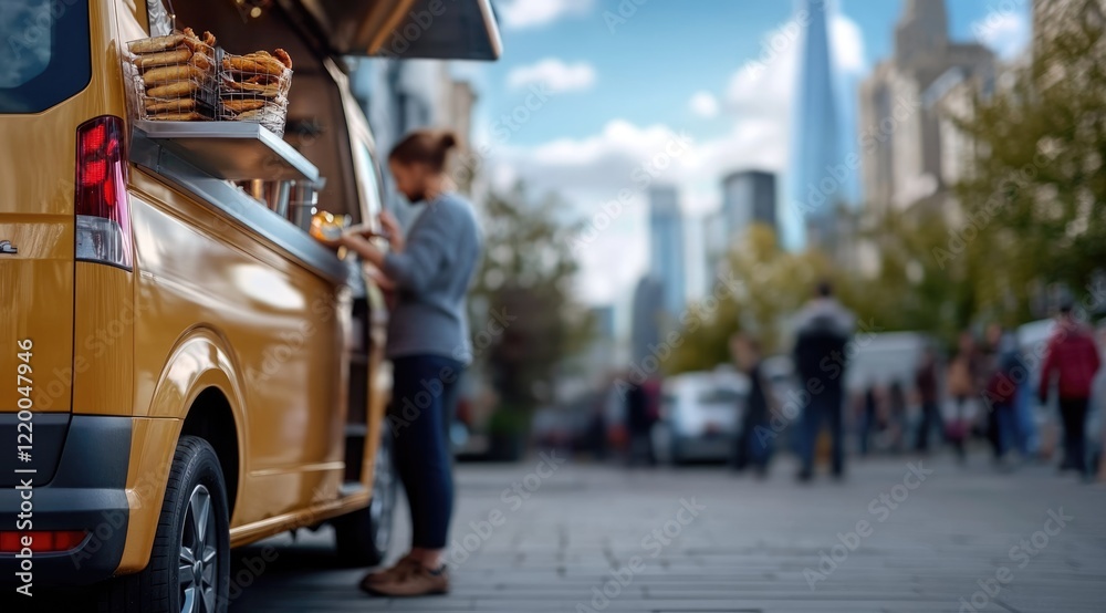 Obraz premium A woman stands at a yellow food truck, eagerly ordering a variety of freshly made snacks as city dwellers stroll by on a lively afternoon. The skyline forms a vibrant backdrop. Generative AI