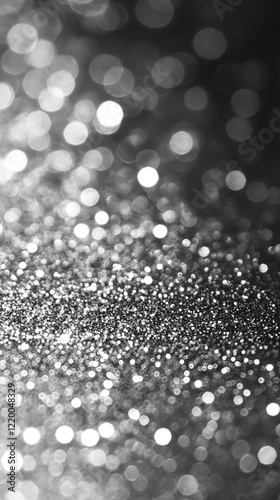 Silver glitter sparkles on dark background, bokeh effect