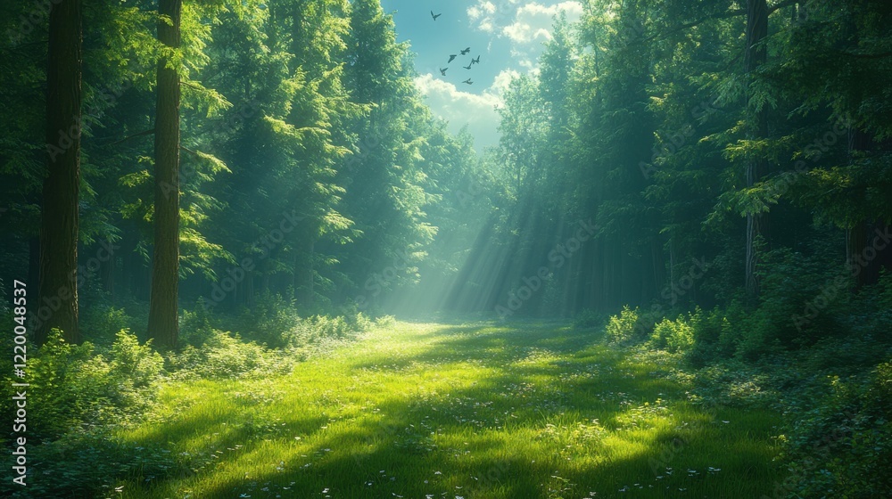 Obraz premium Enchanted Forest: Mystical Fog Blanketing Serene Woods with Dramatic Shadows in Photorealistic Scene